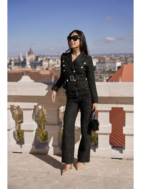 Fekete csillogó tweed női nadrág – elegáns egyenes szárú hosszú nadrág 
