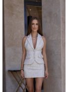Fehér tweed női szett – elegáns mellény fazonú felső és miniszoknya, prémium női kosztüm
