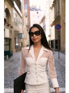 Fehér női hálós ujjú felső melltartóbetéttel – elegáns irodai viselet